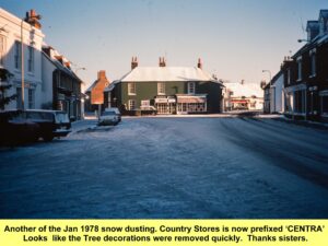 WESTBOURNE HISTORY PHOTO, MEMORIES,SQUARE, SNOW,TREE, COMBER. MANCHIP COUNTRY STORE, CENTRA, SHOPS, 1978